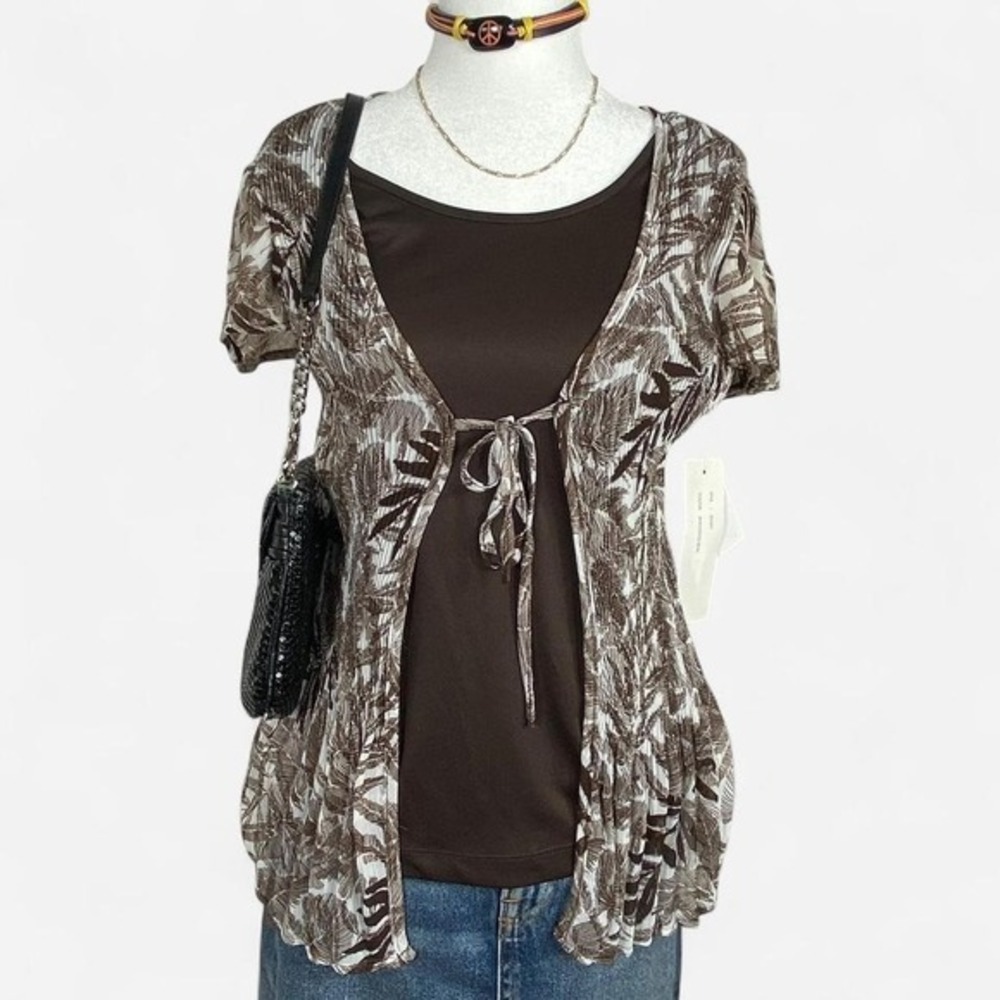 Fred David Tropical Sheer Tie Front Top Womens Small Brown‎ Leaf Print Layer